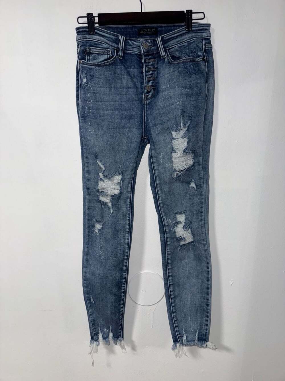 Judy Blue Women's 5/27 Skinny Fit Blue Stretch Denim Distressed Raw Hem Jeans